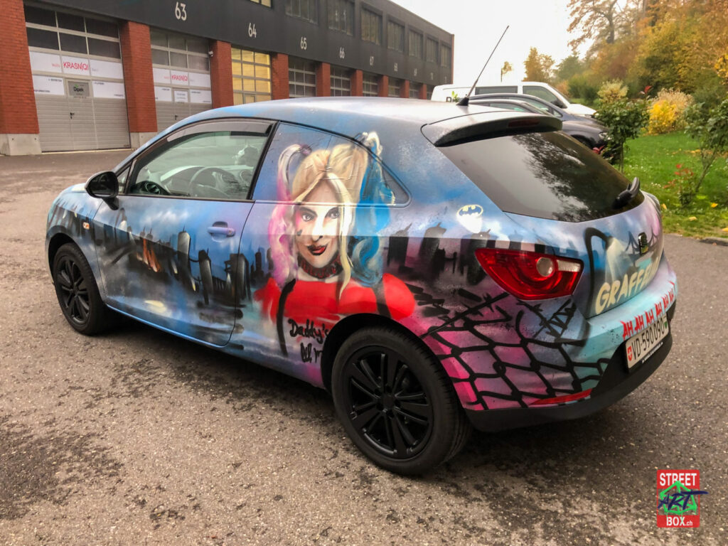 Graffiti-art-on-car-Joker-Harley-Quin-Seat-ibiza-suisse-3